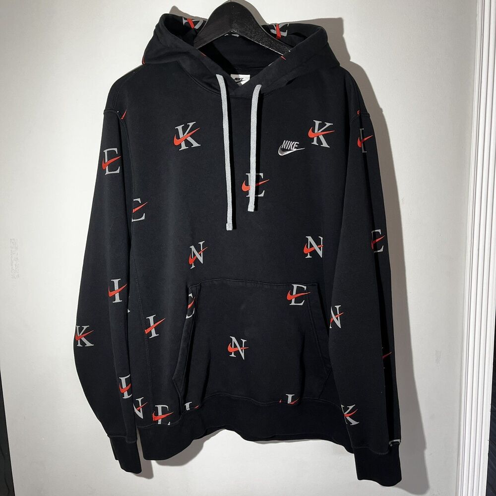 Nike Logo Black Fleece Hooded Pullover Hoodie Men's L Drawstring Pocket